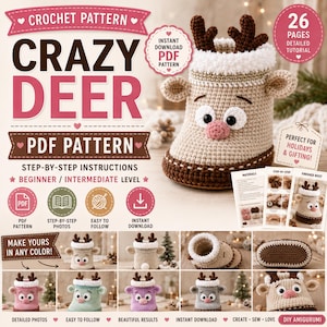 Puede incluir: Un patrón de ganchillo digital para una bota con diseño de ciervo, con el texto CRAZY DEER PDF PATTERN, 26 PAGES DETAILED TUTORIAL e INSTANT DOWNLOAD. La imagen muestra una bota tejida en color beige con astas marrones, nariz rosa y borde blanco.