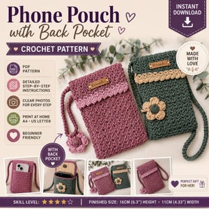 Puede incluir: Un patrón de ganchillo para una funda de teléfono con bolsillo trasero, que incluye una funda rosa oscuro con una flor a juego y una funda verde oscuro con un detalle floral beige. El texto dice Phone Pouch with Back Pocket y Crochet Pattern.