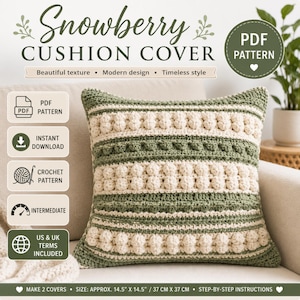 Puede incluir: Una funda de cojín cuadrada de ganchillo con rayas horizontales alternas de hilo verde salvia y crema. El diseño incorpora filas de puntos de burbuja texturizados y secciones de punto plano. El texto incluye Snowberry Cushion Cover, PDF Pattern, Instant Download, Crochet Pattern, Intermediate y US & UK Terms Included. Dimensiones: 37 cm por 37 cm.