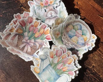 Watercolor Easter Stickers | Bunny, Tulips, Cottagecore Designs