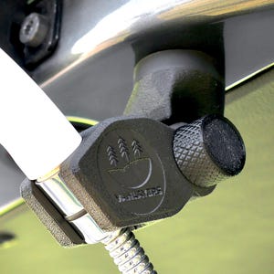 May include: A black 3D-printed mounting bracket with a textured finish and a knurled adjustment knob. The bracket features a logo with three pine trees above a semi-circle and the text VANLAVERS. It is attached to a metallic flexible arm.