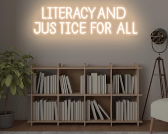 Literacy and Justice For All Neon Sign Book Wall Decor,Reading Wall Hanging Sign,Bookshelf Decor,Library Neon Sign,Bookish Decor Gifts