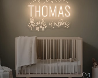 Custom Woodland Theme Name Neon Sign, Nursery Baby Name Sign, Forest Wildlife Nursery Decor, Personalized Gift For Kids
