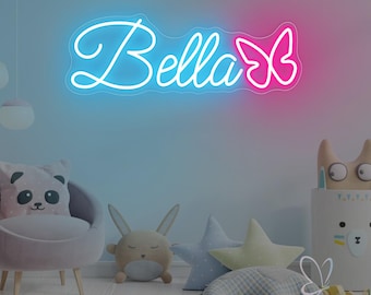 Aangepaste naam neonbord voor kinderen, kinderkamer vlinder decor, verjaardagscadeau voor kind, neon bord slaapkamer, muur decor slaapzaal kinderkamer kunst