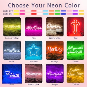 May include: A promotional image showcasing various neon sign options. The signs display text like "Martina", "Open", and "Custom Neon Sign" in colors including yellow, pink, and blue. The image also shows color options and the text "Choose Your Neon Color".