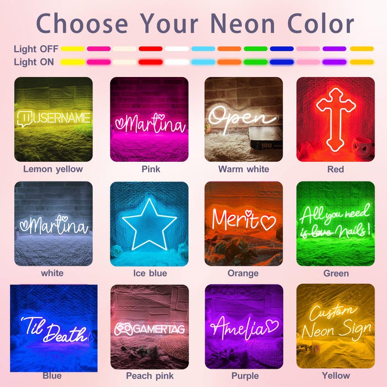 May include: A promotional image showcasing various neon sign options. The signs display text like "Martina", "Open", and "Custom Neon Sign" in colors including yellow, pink, and blue. The image also shows color options and the text "Choose Your Neon Color".