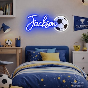 Enseigne au néon personnalisée avec nom de football, impression UV de football enseigne nominative à LED, décoration murale de chambre de garçon, décoration de fête d'anniversaire sportive, cadeaux pour enfants