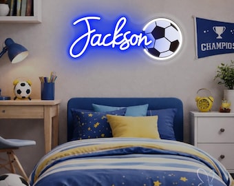Custom voetbalnaam neonbord, voetbal UV-printing led-naambord, jongenskamer kinderkamer muurdecoratie, decor sport verjaardagsfeestje, cadeaus voor kinderen