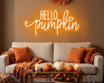 Hallo pompoen LED neonbord, gepersonaliseerde herfstdecoratie voor thuis, neonverlichting voor Halloweenfeestjes, tuinbord, Thanksgiving deur- en muurdecoratie.