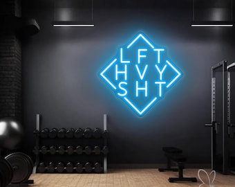 LFT HVY SHT neonreclame gewichtheffen sportschool, fitness muurkunst voor powerlifting, bodybuilding, krachttraining, trainingsruimte of decoratie thuis