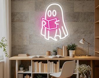 Neonreclame met een lezend spook, leeslampje met spookmotief, Halloween decoratie, bibliotheekbord, cadeaus voor boekenliefhebbers, cadeaus voor kinderen voor de start van het schooljaar