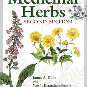 以下が含まれることがあります： 「Handbook of Medicinal Herbs, Second Edition」の表紙には、さまざまなハーブや花の植物画が描かれています。タイトルは大きな濃い緑色の文字で、著者の名前と出版社であるCRC Pressが下に記載されています。