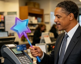 Tarjetero mágico 3D con forma de varita para tarjetas de crédito, tarjetero con forma de estrella para pagos sin contacto, escenarios adecuados para pagos con tarjeta.