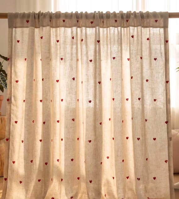 Embroidered  Semi-Sheer Curtain,  Rod Pocket Cotton Linen Curtain, Boho Window Treatment, Nursery Bedroom Curtain, Living Room curtain