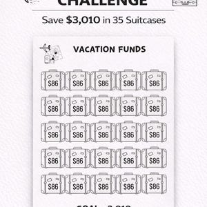 Może przedstawiać: Biała grafika z tekstem "VACATION SAVINGS CHALLENGE" i "VACATION FUNDS". Zawiera tracker oszczędności z 35 ilustracjami walizek, każda oznaczona kwotą "$86". Celem jest zaoszczędzenie $3,010.