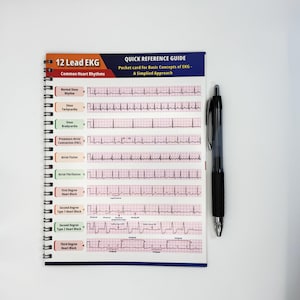 May include: A spiral-bound pocket guide titled "12 Lead EKG" with "Common Heart Rhythms" listed. The guide includes a "Quick Reference Guide" and a black pen. The guide displays various EKG readings, including Normal Sinus Rhythm and Atrial Fibrillation.