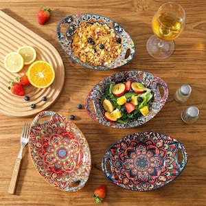 Zestaw ceramicznych owalnych misek do pieczenia w stylu boho z podwójnymi uchwytami, naczynie do zapiekania z żywym wzorem mandali, do piekarnika, do serwowania sałatki, makaronu i owoców