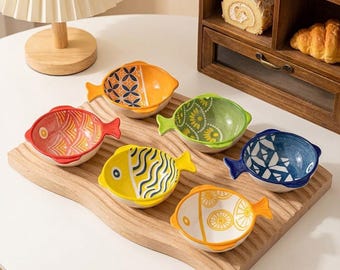 Keramik Fisch Dip Schalen 6er Set, handgemachte kleine Saucenschale, dekorative Schmuck Schalen, Vorspeisen Teller, handbemalte Porzellan Mini Schalen
