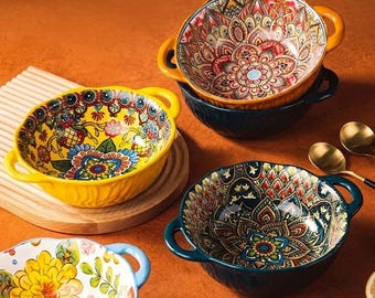 Bol de pasta de cerámica estilo boho vibrante con asas, bol grande para ensalada con diseño de mandala, vajilla de cerámica colorida pintada a mano con motivos florales.