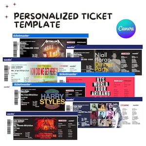 Könnte beinhalten: Eine Sammlung personalisierter Ticketvorlagen mit verschiedenen Konzertdesigns, darunter Metallica, Niall Horan, Louis Tomlinson, BTS, Harry Styles und Taylor Swift. Die Grafik enthält den Text Personalized Ticket Template und ein Canva-Logo.