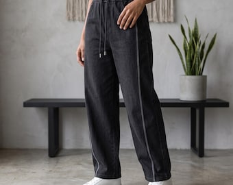 Pantaloni banana in denim di alta gamma, vestibilità ampia con gamba curva, jeans neri casual a pera, pantaloni streetwear estivi a gamba larga