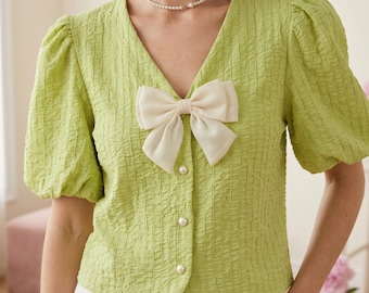 Blusa con lazo en V, top de verano texturizado con mangas abullonadas, camisa elegante de estilo coreano.