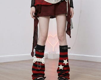 Red Black Striped Leg Warmers – Star Bone Detail, Leather Buckles, Grunge Gothic Accessories