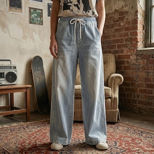 90er Jahre Grunge Jeans mit weitem Bein, Lose Kordelzug Elastische Taille Denim Hose, Hellblaue ausgewaschene Baggyhose, Freizeit Komfort Tägliche Jeans
