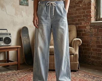Jean large grunge des années 90, pantalon en denim ample à taille élastique avec cordon de serrage, pantalon baggy délavé bleu clair, jean quotidien loisir confort