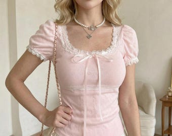 Haut rose à manches courtes et nœuds en dentelle, chemisier Coquette Fairycore à bulles
