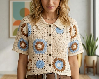 Bohemian Colorful Hollow-Out Short-Sleeve Knit Top - Summer Polo Collar Crochet Shirt - Retro Granny Square T-Shirt - Dopamine Fashion Tee