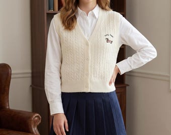 Cárdigan tipo chaleco con cuello en V y bordado de cachorros, suéter sin mangas estilo preppy universitario, linda prenda de punto para mujer.