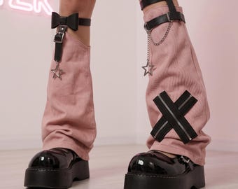 Różowe ocieplacze na nogi Y2K, podwiązka ze skóry z klamrą, nakładki na buty z gwiazdkami