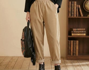 Retro Corduroy Harem Pants for Women, Vintage Elastic High Waist Trousers, Casual Loose Baggy Cotton Pants, Boho Style Winter Outfit