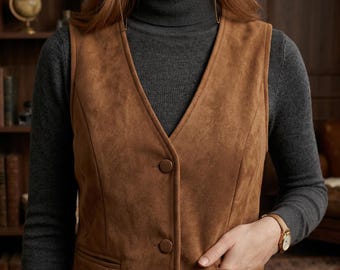 Suède vest voor dames, klein slim-fit gilet, kaki mouwloos jack met V-hals, forensvest in donkere Academia-stijl, gelaagde herfstmode