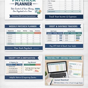 Op de afbeelding: Een financieel planner met een blauw en wit ontwerp. De planner bevat secties voor maandelijks budgetoverzicht, wekelijkse loonstrook, schuld- en spaartrackers en slimme tips. De tekst luidt "Paycheck-to-Paycheck Planner".