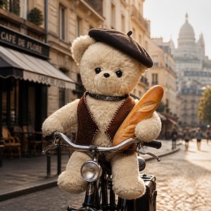 Puede incluir: Un oso de peluche de color crema que lleva una boina marrón oscuro y un chaleco marrón, sosteniendo una baguette mientras monta en bicicleta. El oso tiene ojos oscuros y una nariz pequeña, situado en una calle adoquinada con un café de fondo.