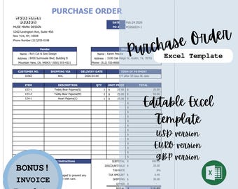 Plantilla de orden de compra editable en Excel, formulario comercial multidivisa (descarga instantánea)