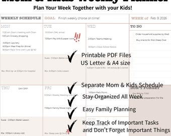 Planificador semanal para mamás e hijos, organizador familiar (descarga en PDF, tamaño carta de EE. UU. y A4)