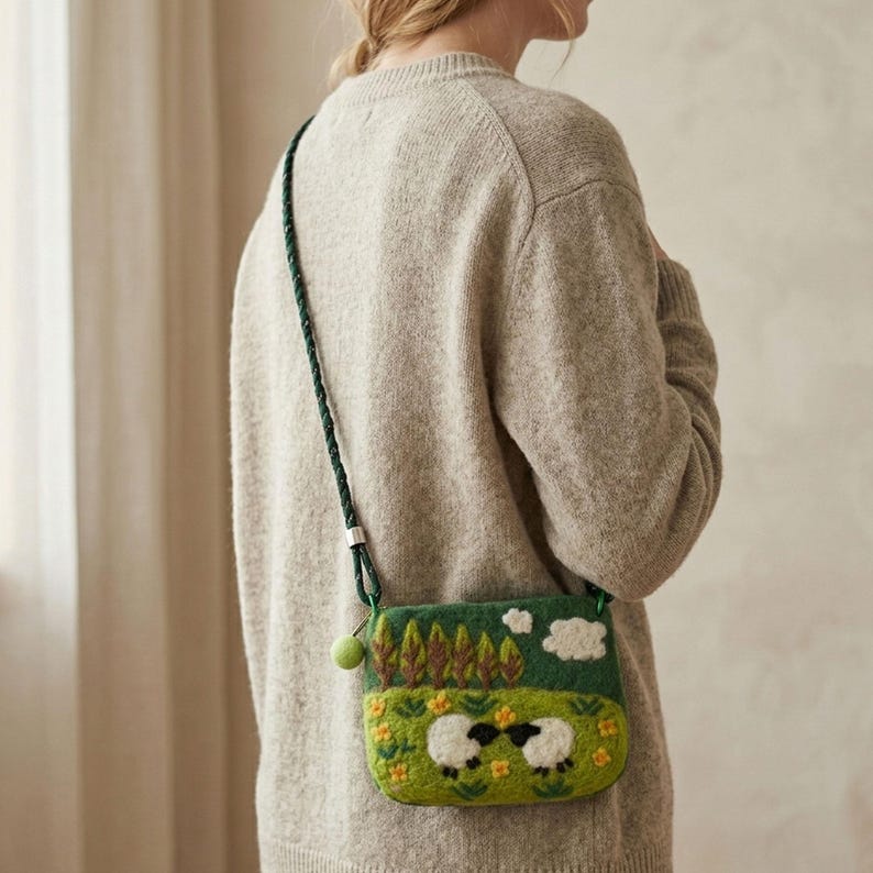 K&ouml;nnte beinhalten: Eine gr&uuml;ne Filz-Umh&auml;ngetasche mit einer l&auml;ndlichen Szene, die zwei wei&szlig;e Schafe, B&auml;ume und Wolken zeigt. Die Tasche hat einen gr&uuml;nen geflochtenen Riemen und ein kleines gr&uuml;nes Kugeldetail. Die Tasche wird &uuml;ber einem hellgrauen Pullover getragen.