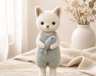 Naaldvilten vis kat beeldje, handgemaakte wollen dierensculptuur, grappig aandenken