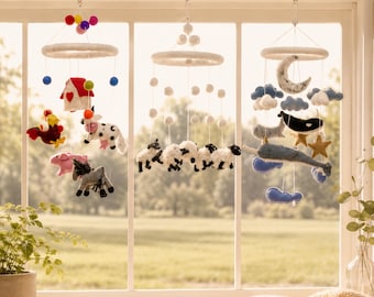 Handgevilte babymobiel, boerderijdieren, onderzees, Happy Flock-thema's