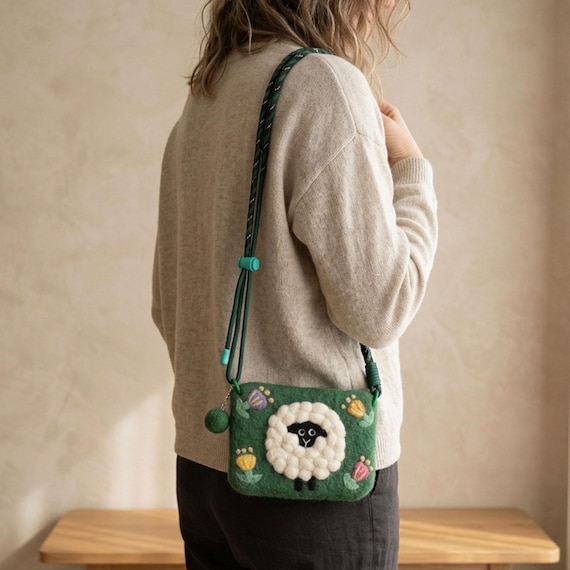 Handmade Wool Felt Sheep Coin Purse, Whimsical Lamb Crossbody Bag, Zipper Pouch