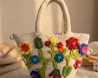 Draagtas van wolvilt met bloem | 3D bloemennaaldvilt tuinhandtas