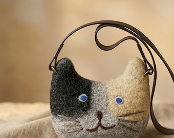 Bolso de hombro de fieltro de lana hecho a mano con forma de gato / Bolso de mano de fieltro de aguja con forma de gatito, color gris oscuro.