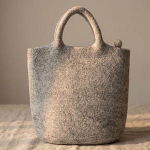 Handmade Felted Wool Tote Bag, Minimalist Grey Zippered Bag