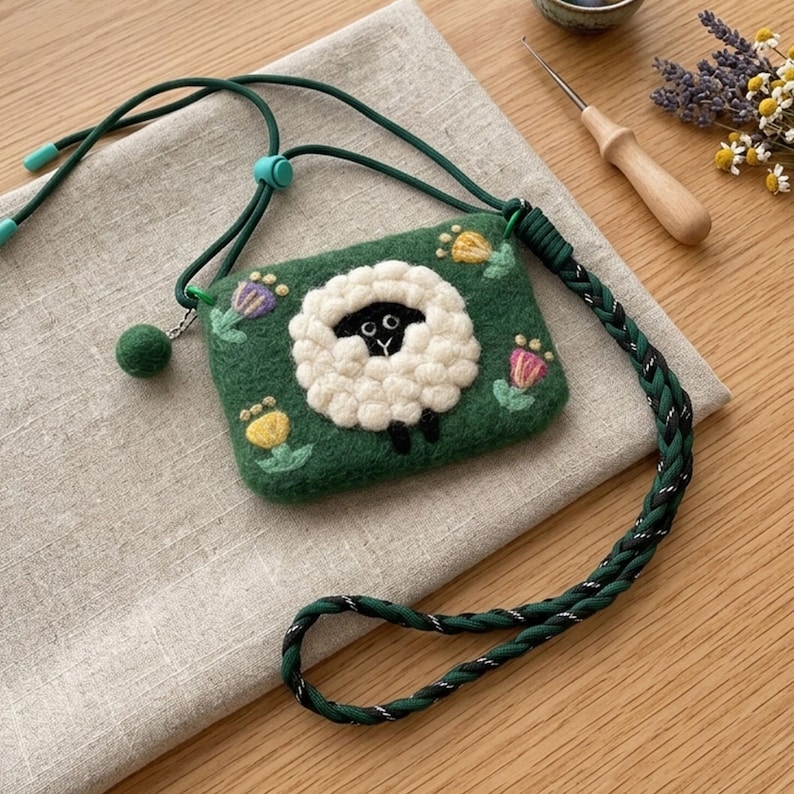 K&ouml;nnte beinhalten: Eine gr&uuml;ne Filz-Umh&auml;ngetasche mit einem wei&szlig;en Schafdesign und schwarzen Details. Die Tasche hat einen geflochtenen gr&uuml;nen Riemen und bunte Blumenmuster. Die Tasche ist etwa 13 cm breit und 8 cm hoch.