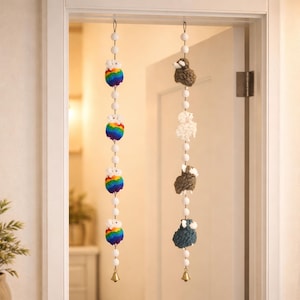 Handmade Wool Felt Sheep Garland, Whimsical Animal Mobile, Rainbow Cloud Lambs