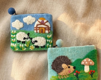 Monedero de fieltro de lana hecho a mano con forma de animal, monedero de fieltro de aguja con forma de oveja y erizo.