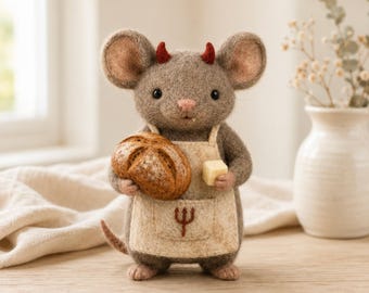 Naaldvilten duivelsbakkersmuisbeeldje, handgemaakte wollen dierensculptuur, grappig aandenken